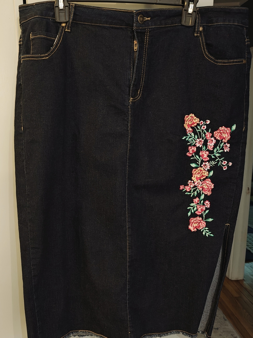 Dark Blue Women’s Denim Skirt with Pink Floral Embroidery